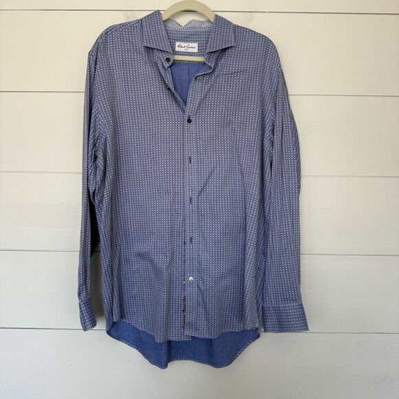 Robert Graham Men’s 44 Blue Patterned Flip Cuff Dress Shirt Career Workwear - Picture 1 of 7